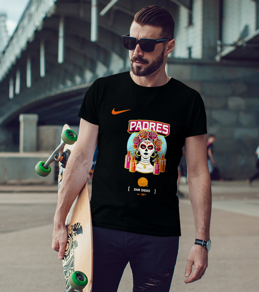 Nike San Diego Padres 2026 City Connect Dia De Los Muertos Candles Roses Large T-Shirt