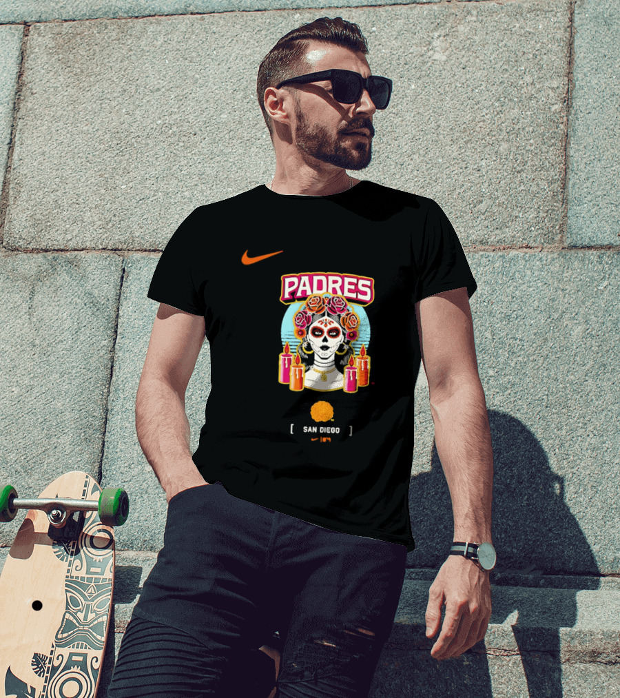 Nike San Diego Padres 2026 City Connect Dia De Los Muertos Candles Roses Large T-Shirt
