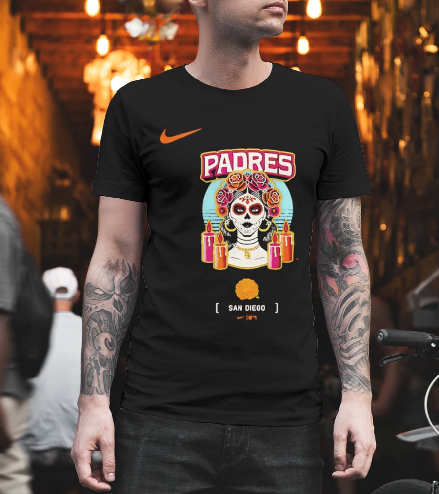 Nike San Diego Padres 2026 City Connect Dia De Los Muertos Candles Roses Large T-Shirt