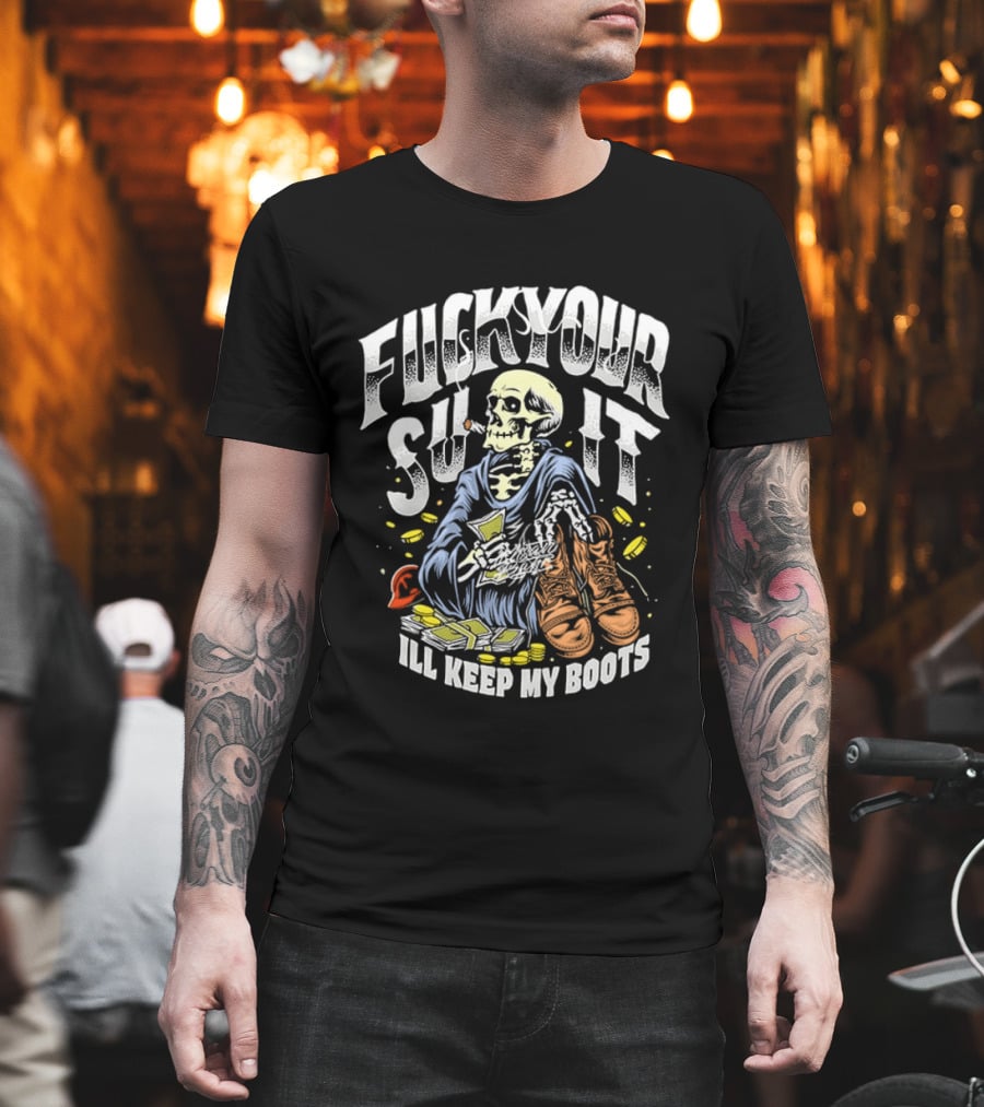 F*** Your Suit I'll Keep My Boots Pizza Monster Streetstyle Skeleton Smoking Playing Cards T-Shirt