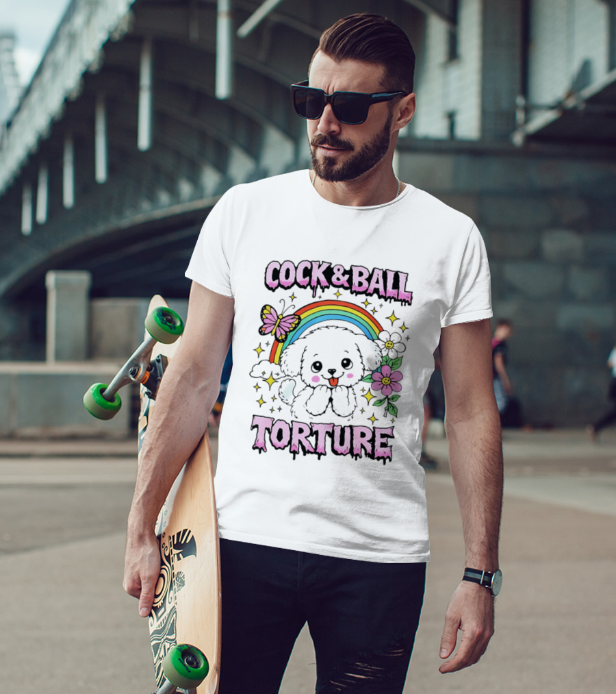Cock And Ball Torture Dog Rainbow Butterfly Flowers T-Shirt