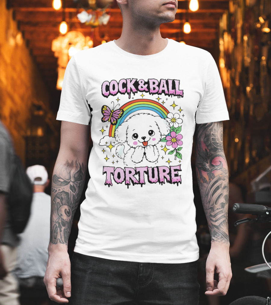 Cock And Ball Torture Dog Rainbow Butterfly Flowers T-Shirt