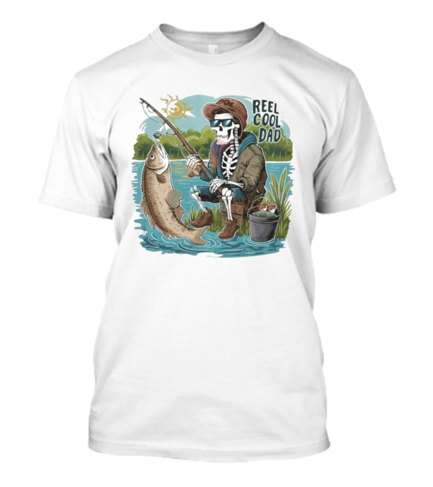 Reel Cool Dad Fishing Skeleton Catching Fish Cartoon T-Shirt