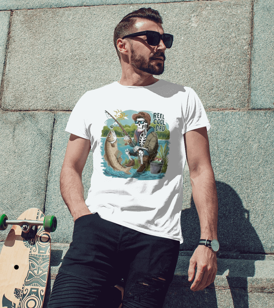 Reel Cool Dad Fishing Skeleton Catching Fish Cartoon T-Shirt