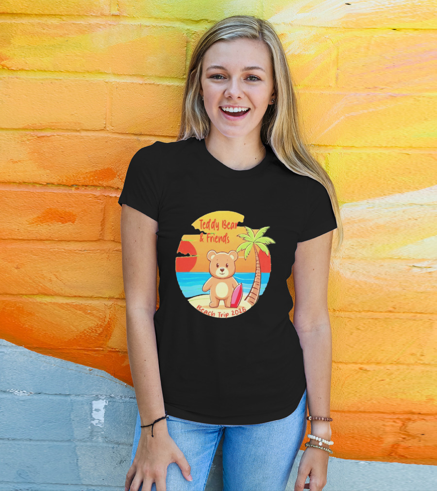 Teddy Bear And Friends Beach Trip 2026 Summer Adventure With Palm And Sunset T-Shirt