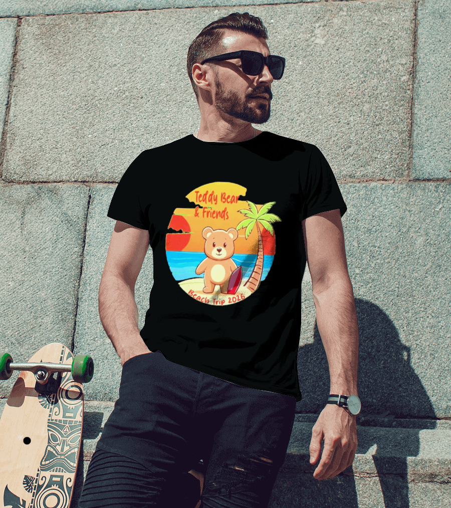 Teddy Bear And Friends Beach Trip 2026 Summer Adventure With Palm And Sunset T-Shirt