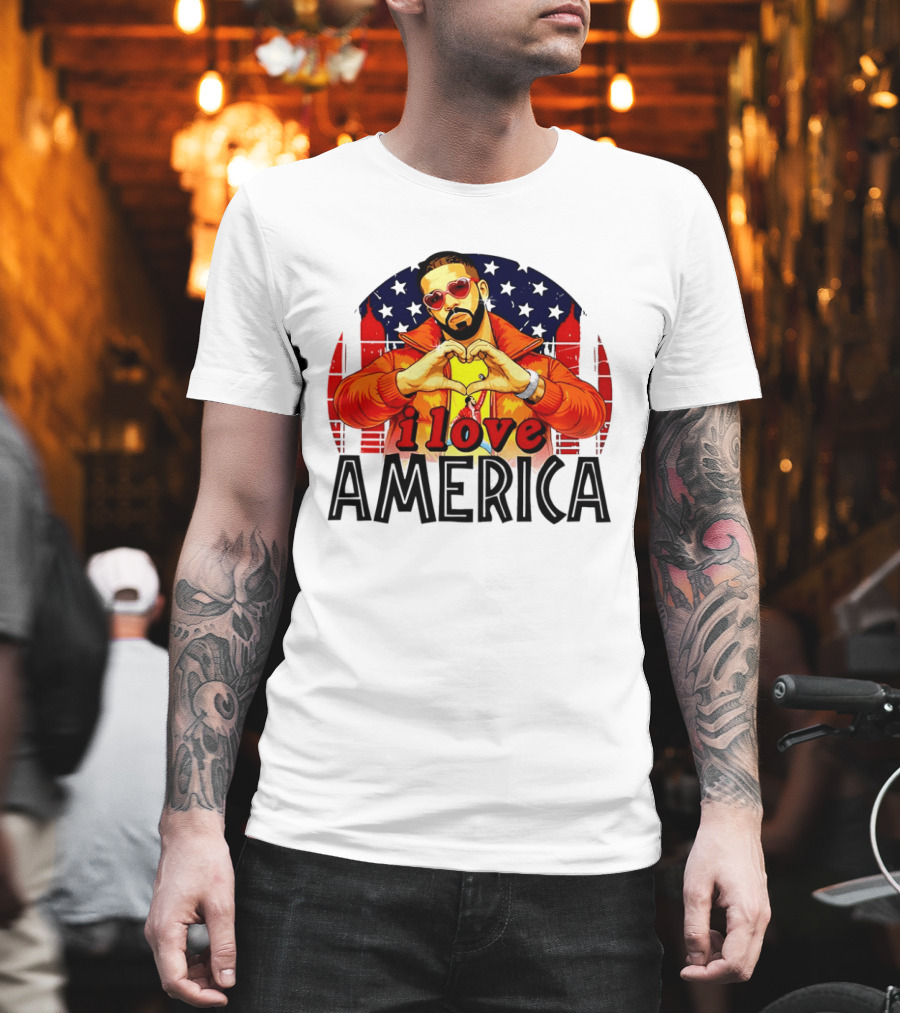 Drake I Love America Flag Heart Gesture Red Jacket Sunglasses T-Shirt