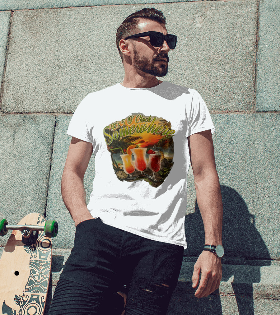 It's 5 O' Somewhere Tropical Sunset Cocktails And Palm Trees T-Shirt