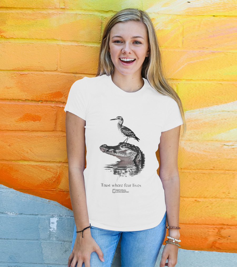 National Geographic Trust Where Fear Lives Alligator And Bird T-Shirt