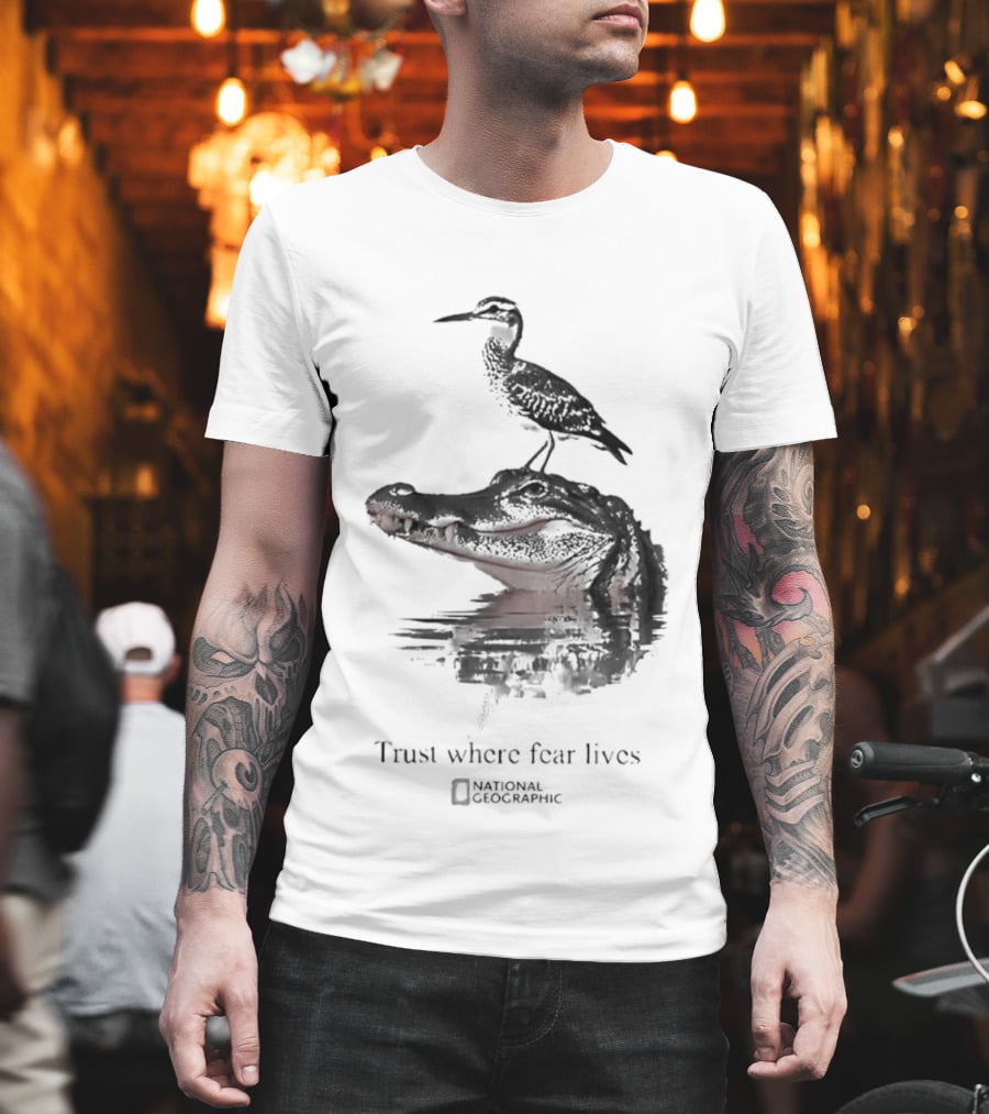 National Geographic Trust Where Fear Lives Alligator And Bird T-Shirt