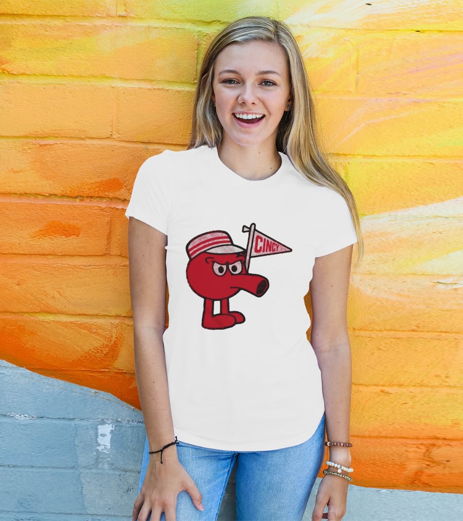 Cincy Redbert Cartoon Character With Striped Hat And Flag T-Shirt