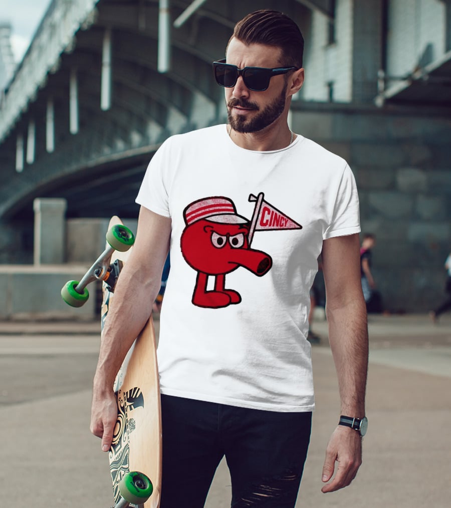 Cincy Redbert Cartoon Character With Striped Hat And Flag T-Shirt