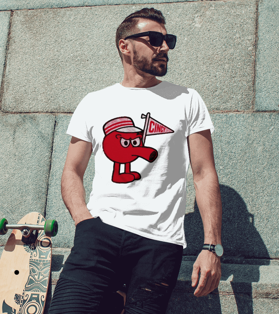 Cincy Redbert Cartoon Character With Striped Hat And Flag T-Shirt