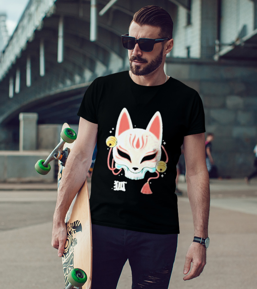 Lonely Club Kitsune Skull Mask With Bells And Kanji T-Shirt