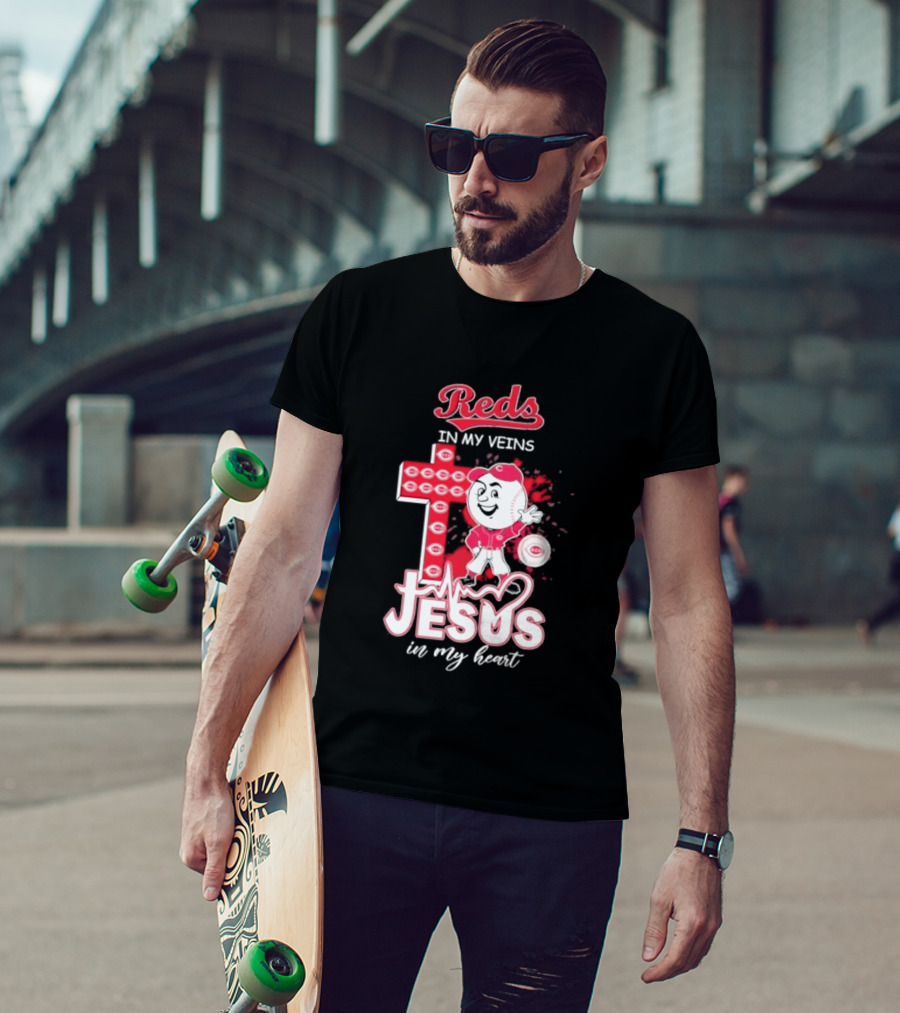 Reds In My Veins Jesus In My Heart Baseball Cross T-Shirt