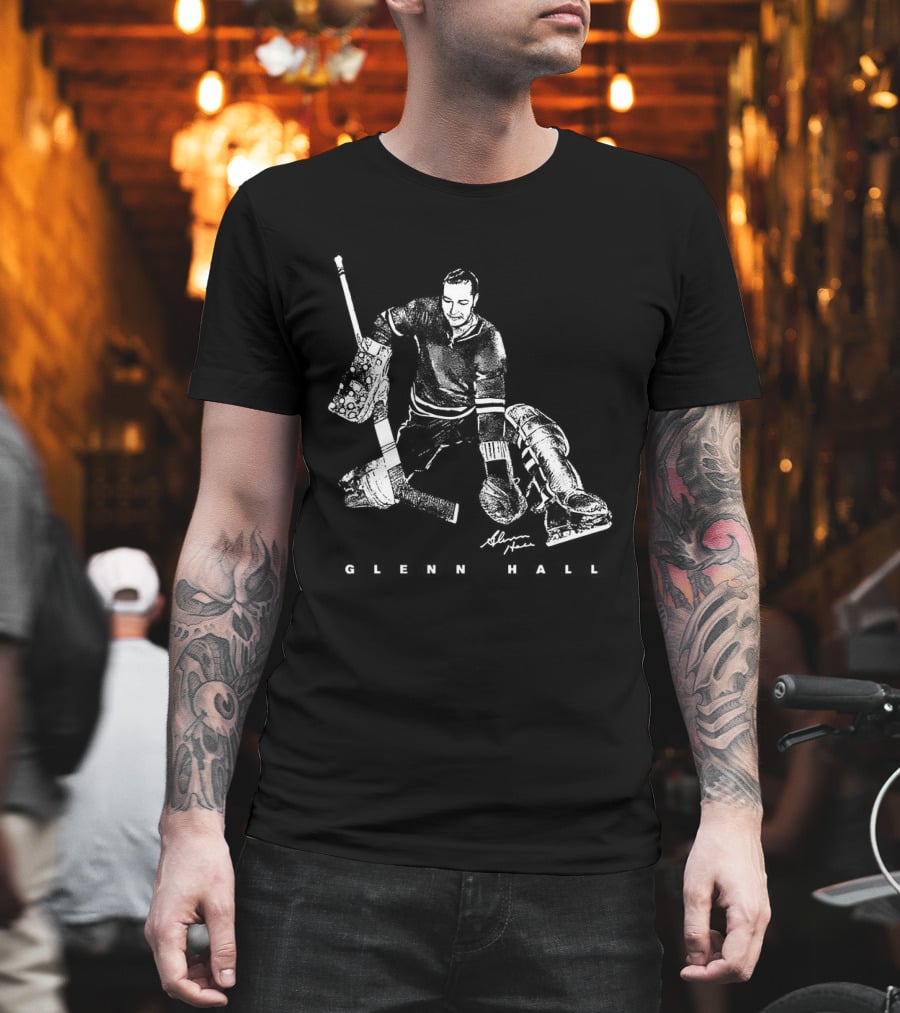Glenn Hall Chicago Blackhawks Hockey Bitmap Vintage Style Goalie Iconic Pose T-Shirt