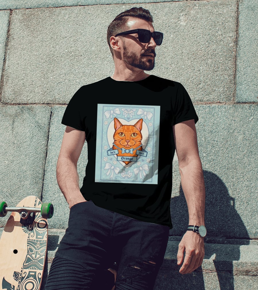He's Just Orange Cat Floral Bow Blue T-Shirt