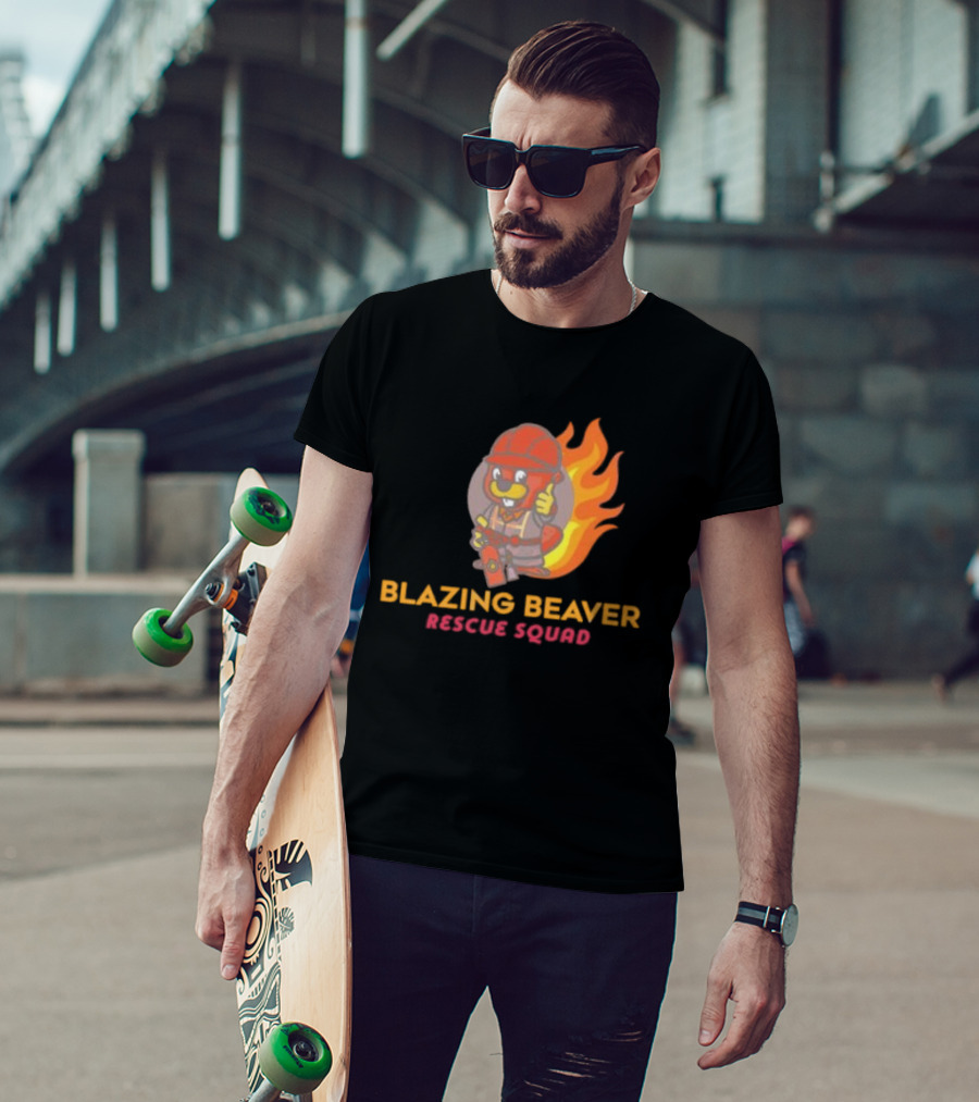 Blazing Beaver Rescue Squad Firefighter Cartoon With Flames T-Shirt