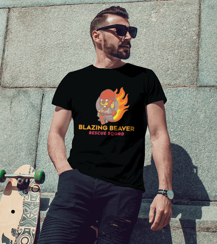 Blazing Beaver Rescue Squad Firefighter Cartoon With Flames T-Shirt