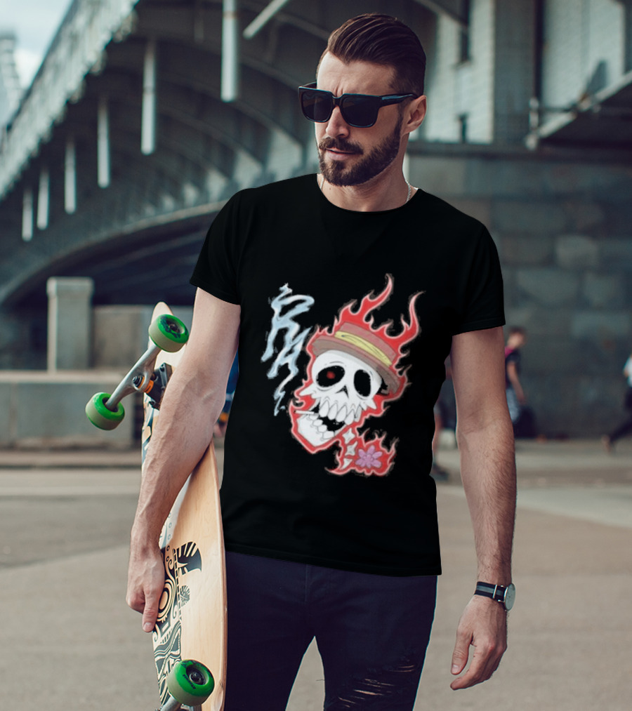 Rare Americans Skull With Flames And Hat Flower T-Shirt