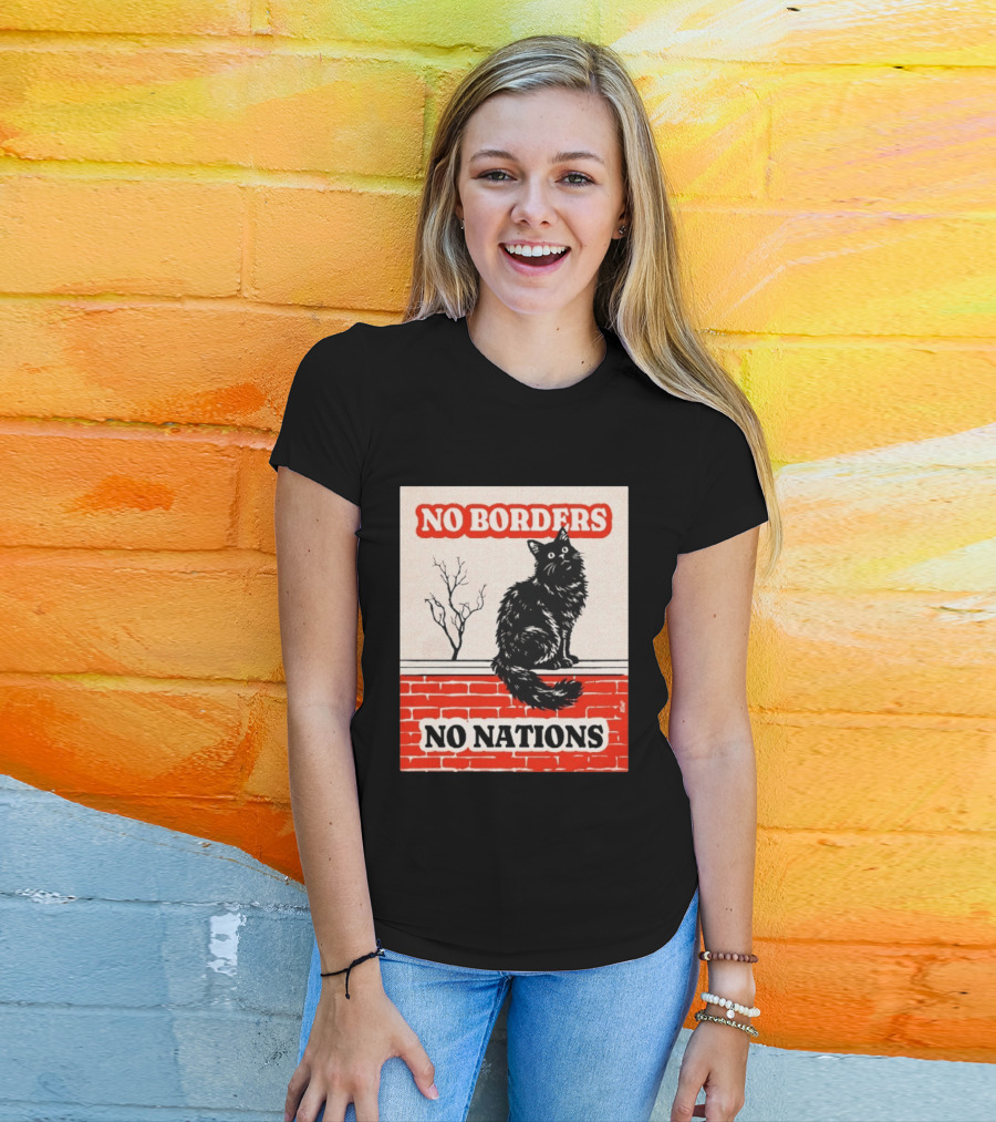 No Borders No Nations Cat Black Feline On Brick Wall T-Shirt