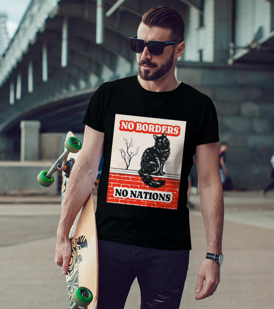 No Borders No Nations Cat Black Feline On Brick Wall T-Shirt