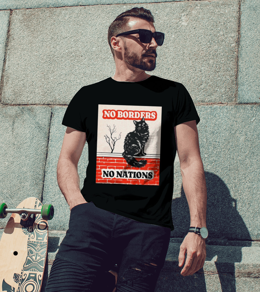 No Borders No Nations Cat Black Feline On Brick Wall T-Shirt
