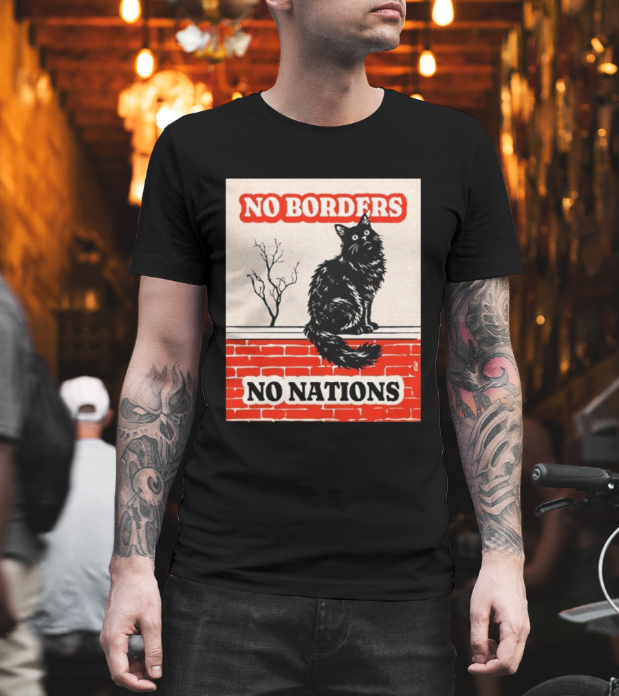 No Borders No Nations Cat Black Feline On Brick Wall T-Shirt