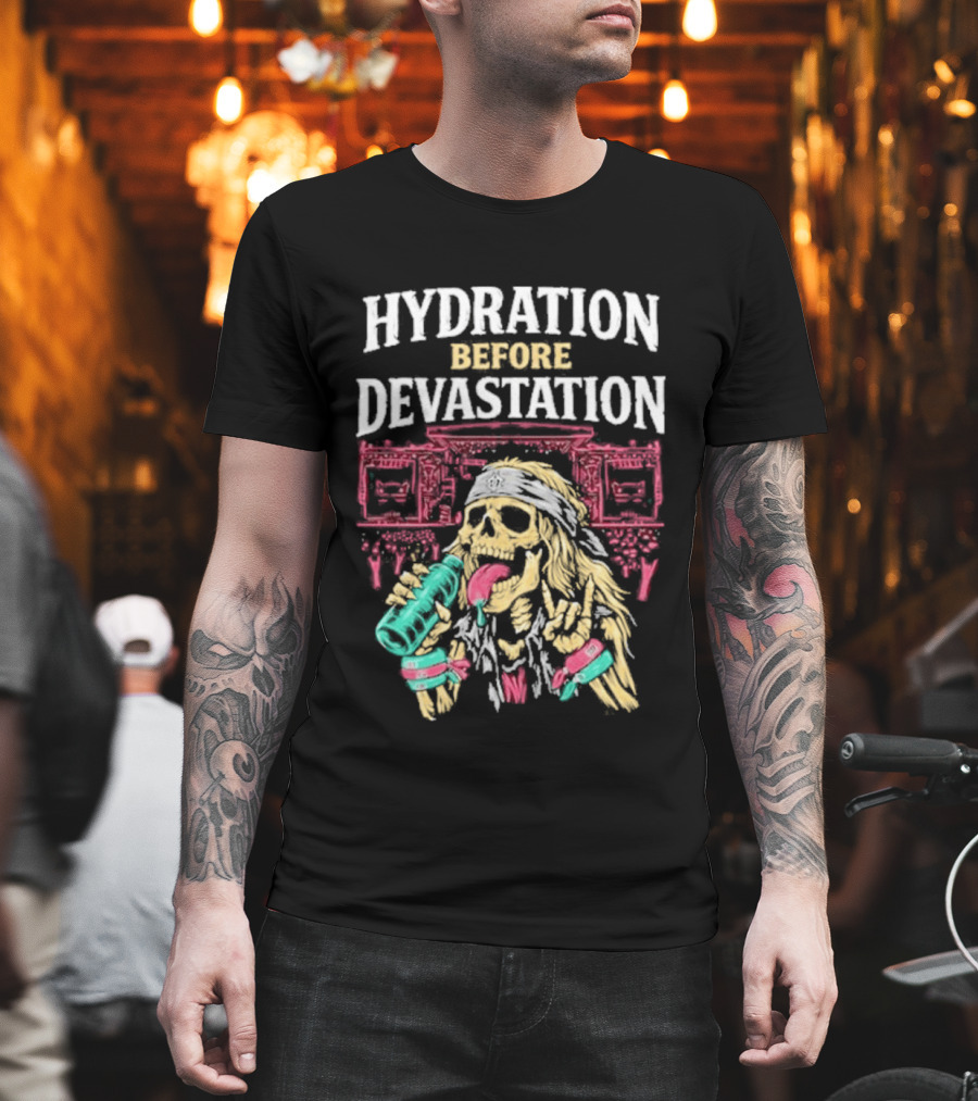 Hydration Before Devastation Skeleton Drinking Water And Boombox T-Shirt