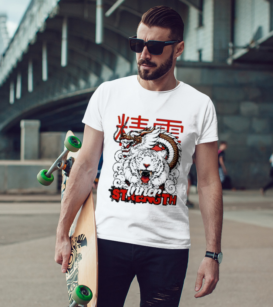 Inner Strength Tiger Dragon Kanji Art Fusion T-Shirt