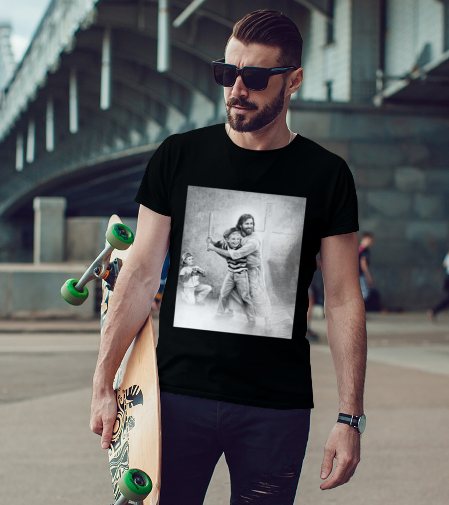 Jesus As A Coach With Children Playing Baseball In Front Of A Cross T-Shirt