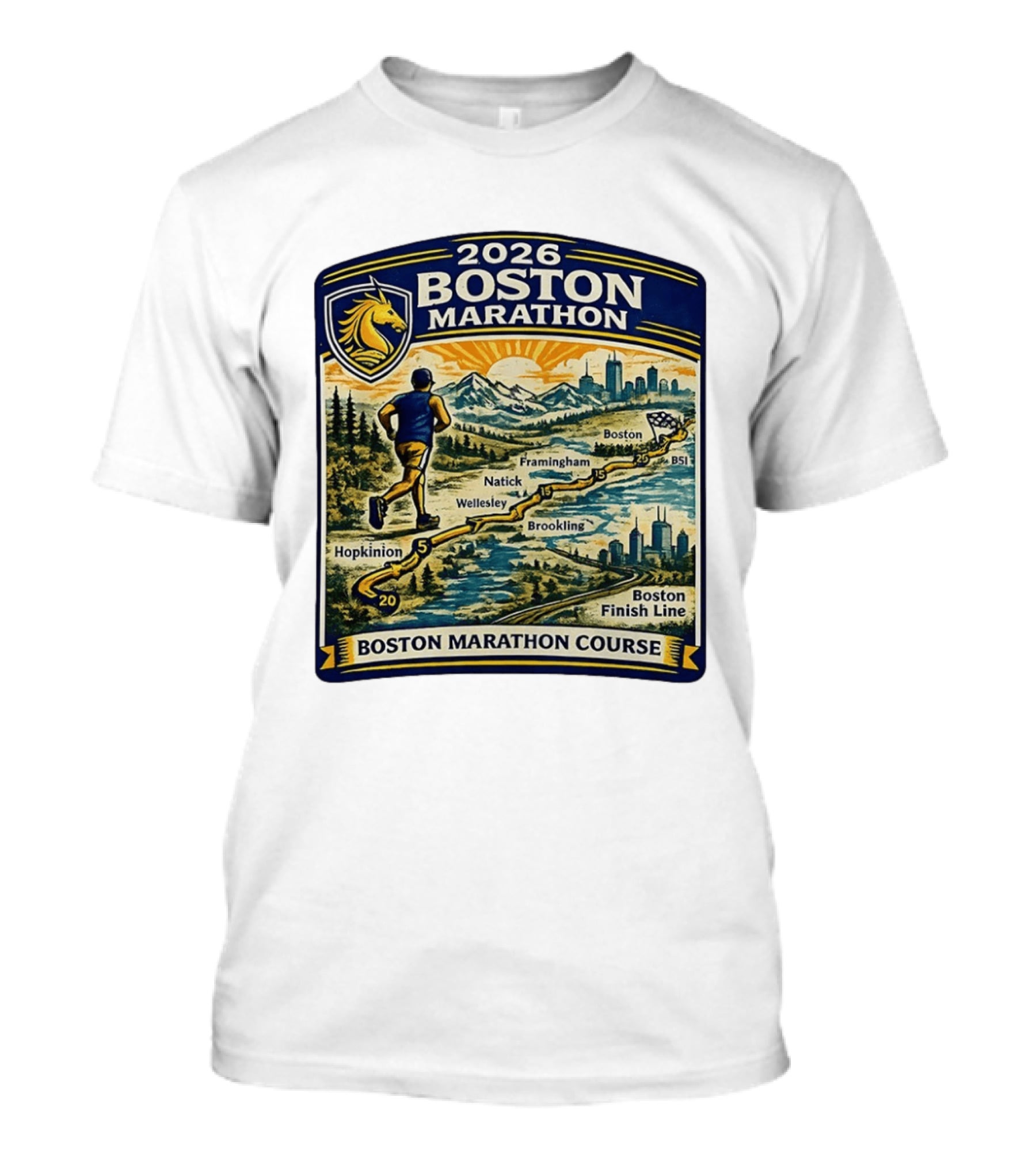 2026 Boston Marathon Course Hopkinton Framingham Natick Wellesley Brookline Finish Line T-Shirt