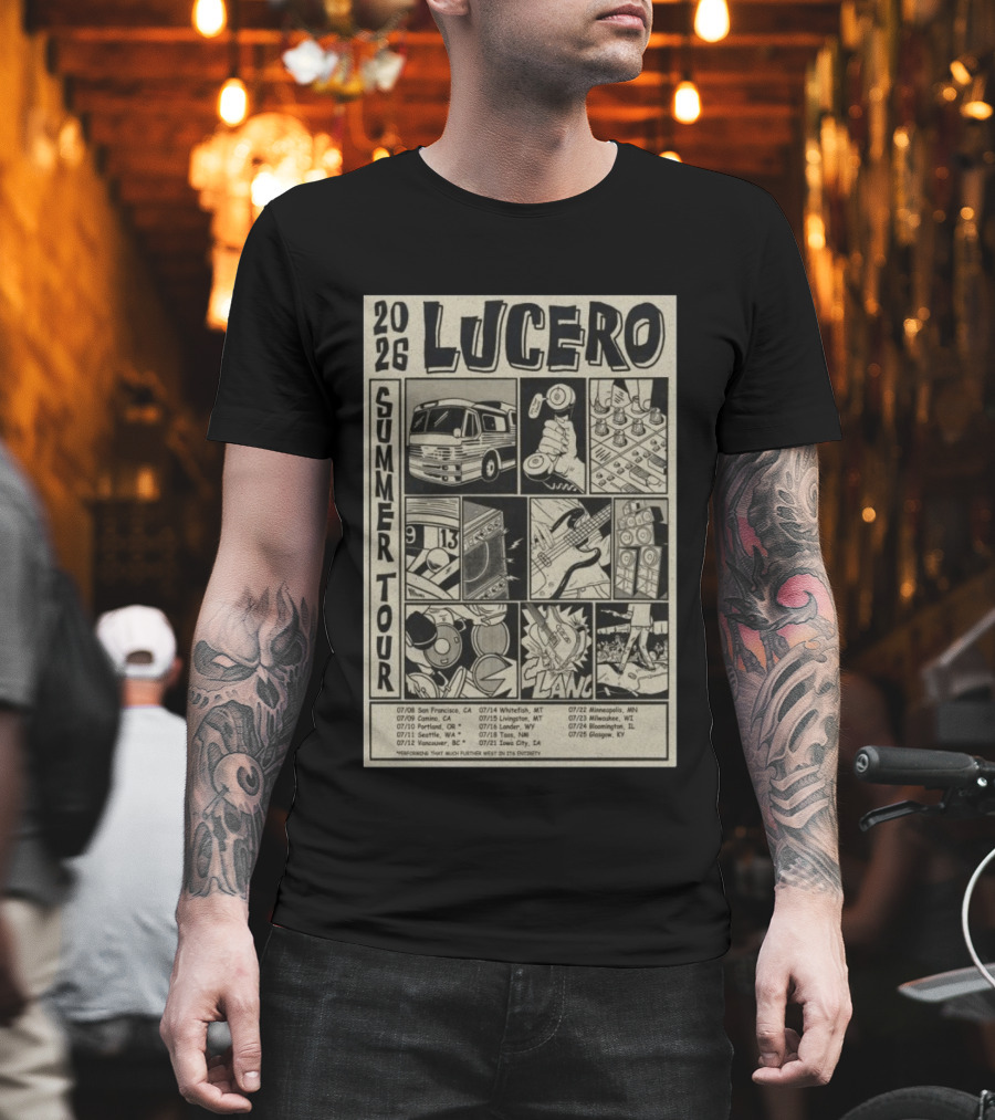 2026 Lucero Summer Tour Dates Featuring Vintage Comic Style With Iconic Band Imagery And Tour Stops T-Shirt