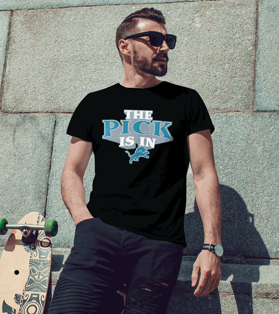 The Pick Is In Detroit Lions Football Iconic Draft Day Slogan Blue Lion T-Shirt