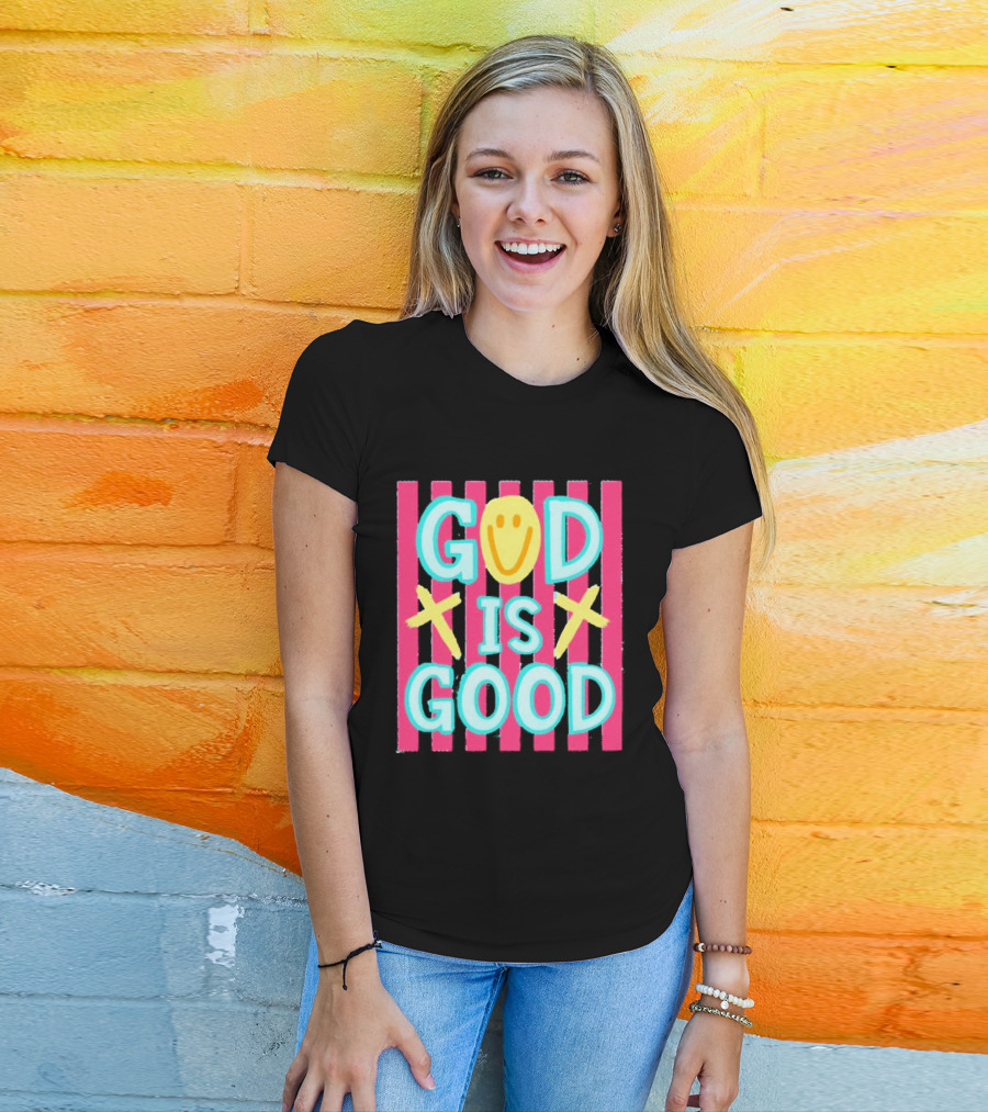God Is Good Smiley Face Crosses Pink Stripes T-Shirt