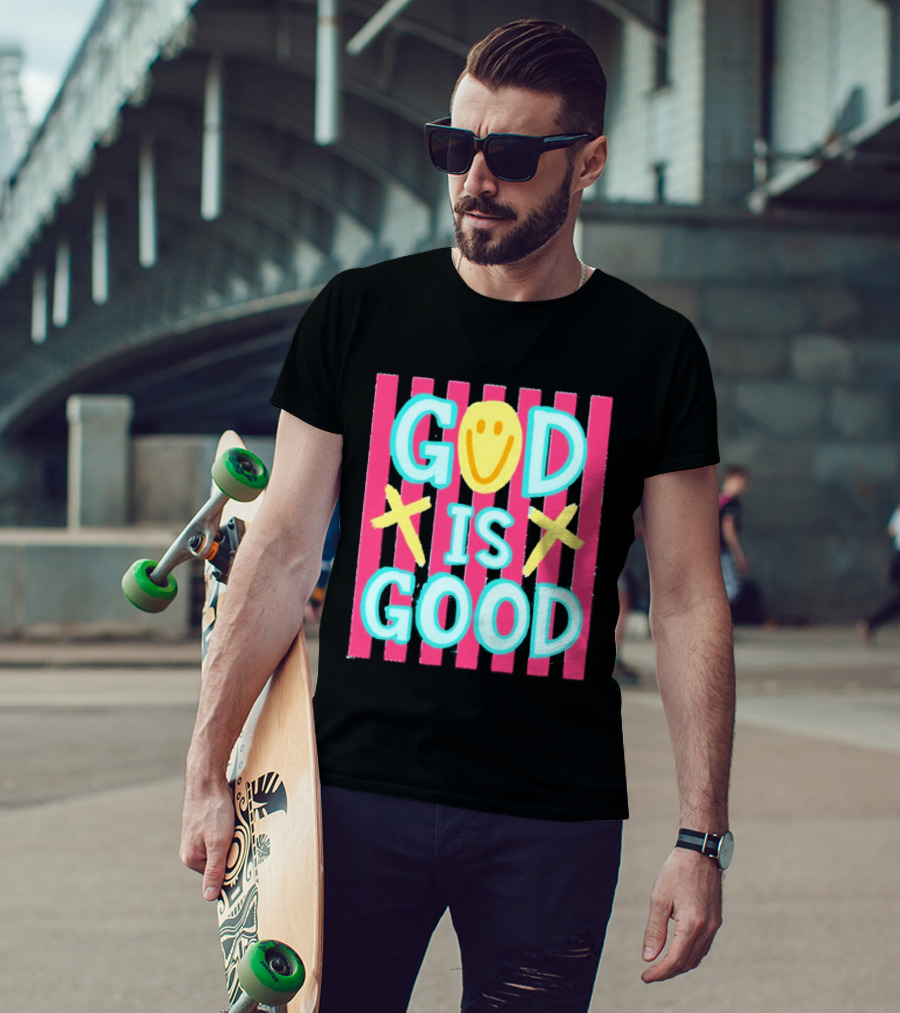 God Is Good Smiley Face Crosses Pink Stripes T-Shirt