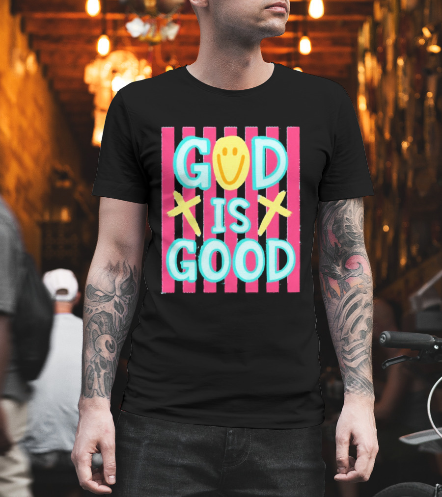 God Is Good Smiley Face Crosses Pink Stripes T-Shirt