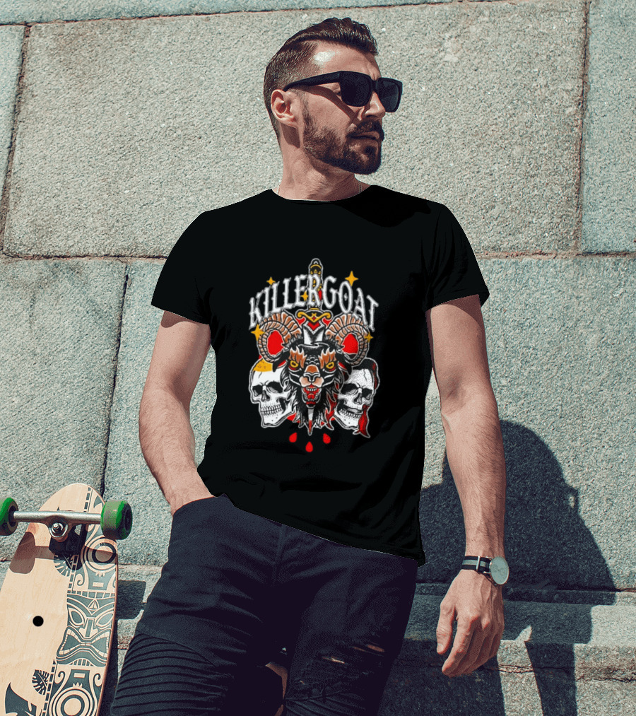 Killer Goat Skull Blood Drops And Horned Beast With Skulls And Sword T-Shirt