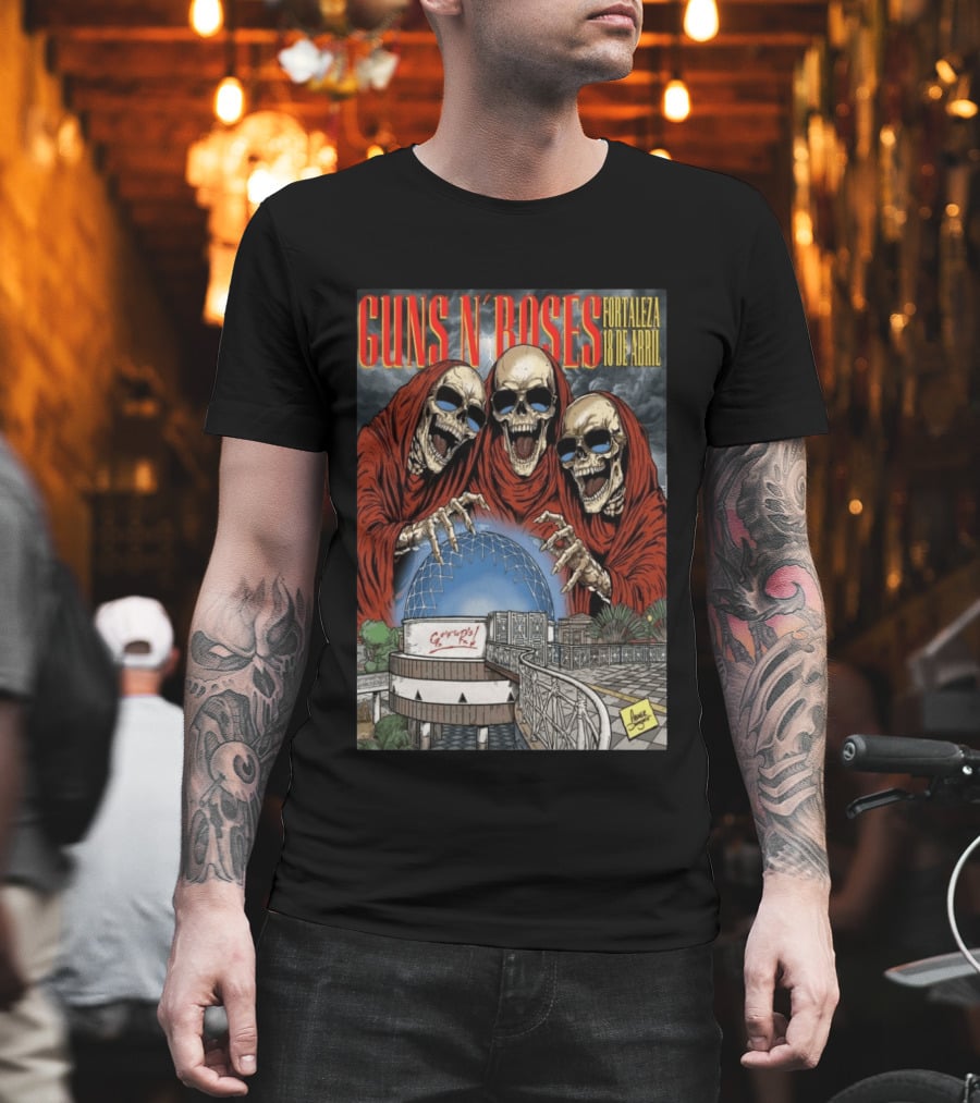 Guns N' Roses Fortaleza 18 De Abril Skeleton Red Hooded Figures Concert T-Shirt