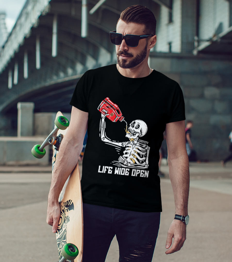 Cboystv Life Wide Open Skeleton Drinking Soul Fuel T-Shirt