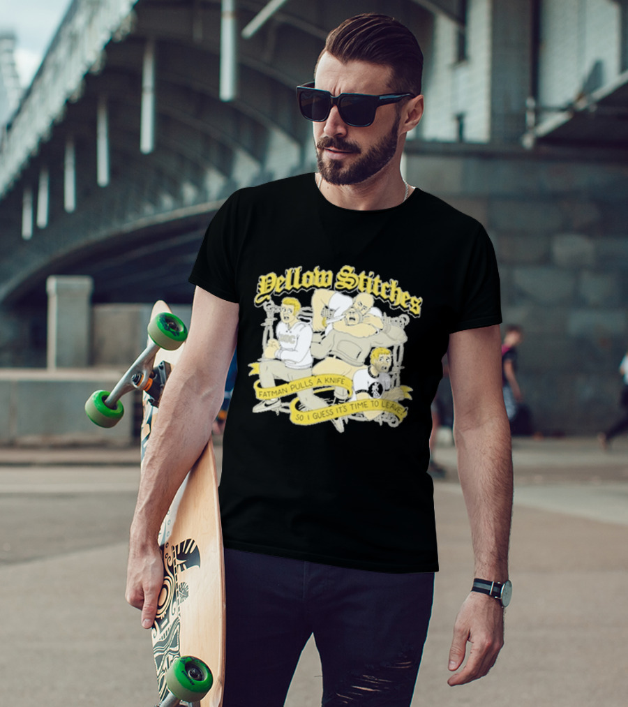 Yellow Stitches Friends Family Forever ROC Fatman Pulls A Knife T-Shirt