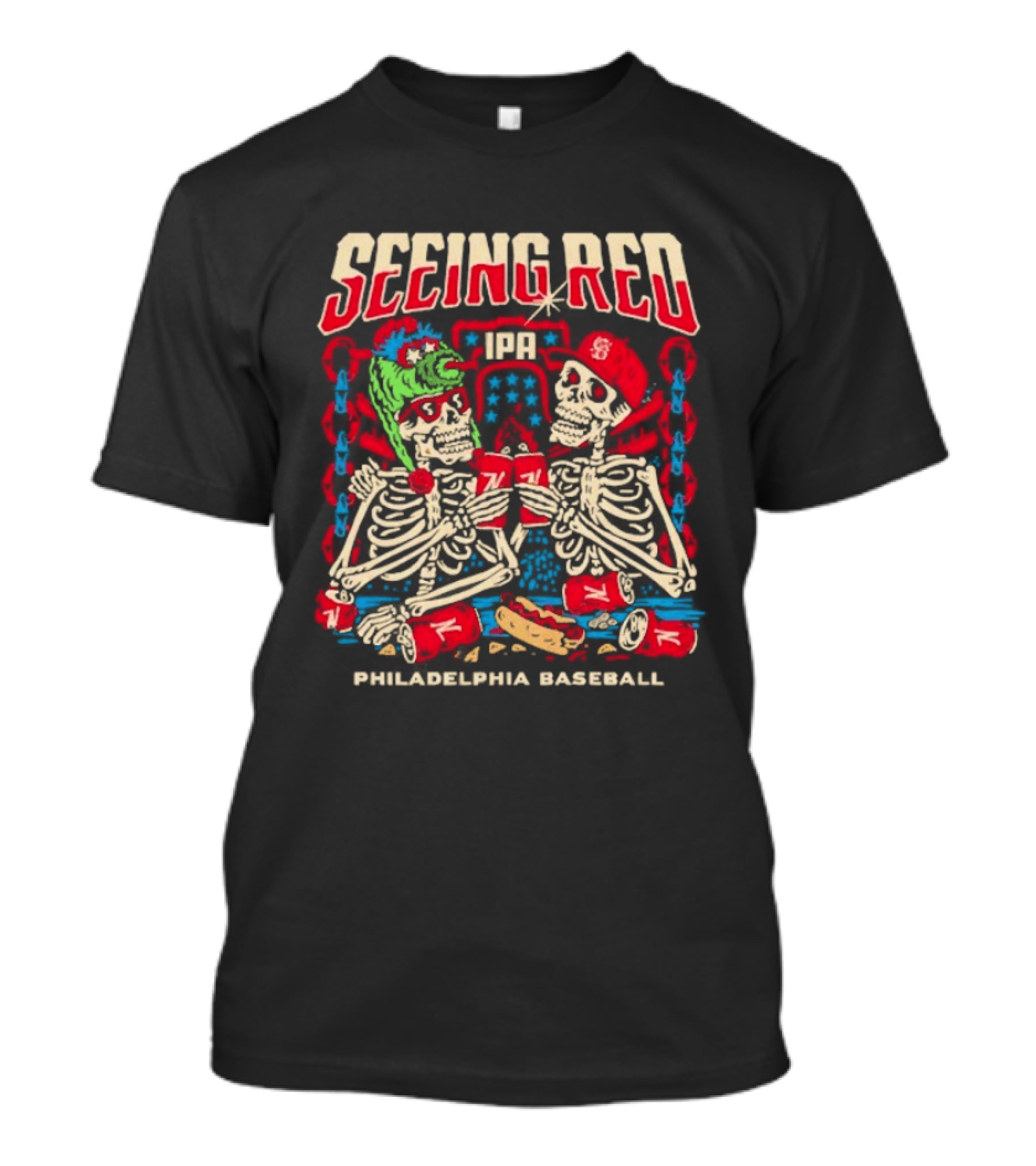 Seeing Red Philadelphia Baseball Skeletons Red Caps Hot Dog Beer T-Shirt