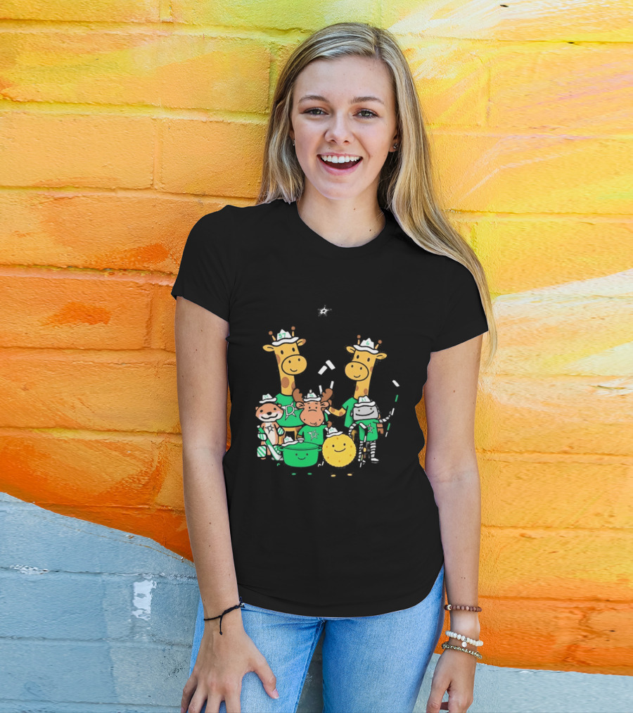 Dallas Stars Cartoon Characters Family Fun With Giraffe Moose Dog Bear And Cat T-Shirt