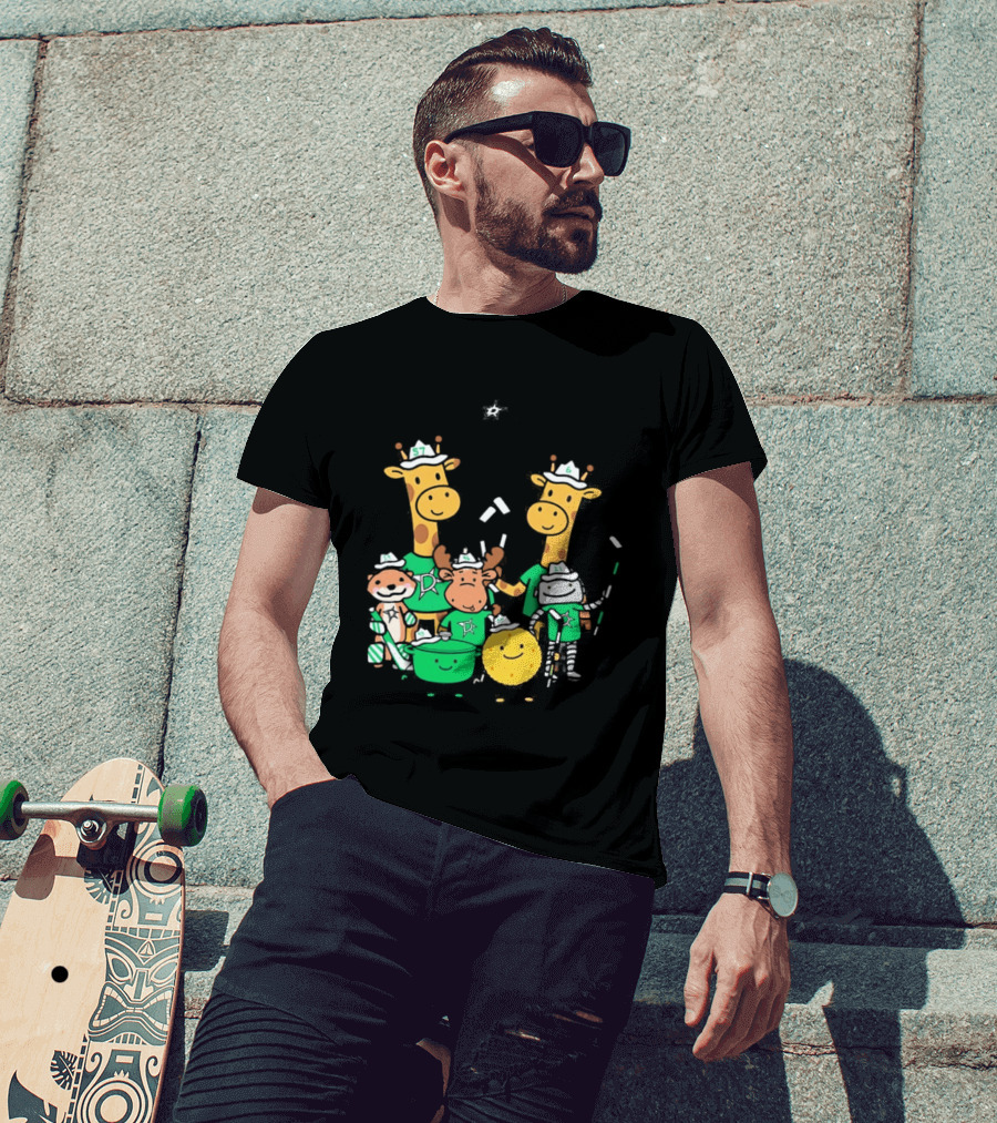 Dallas Stars Cartoon Characters Family Fun With Giraffe Moose Dog Bear And Cat T-Shirt