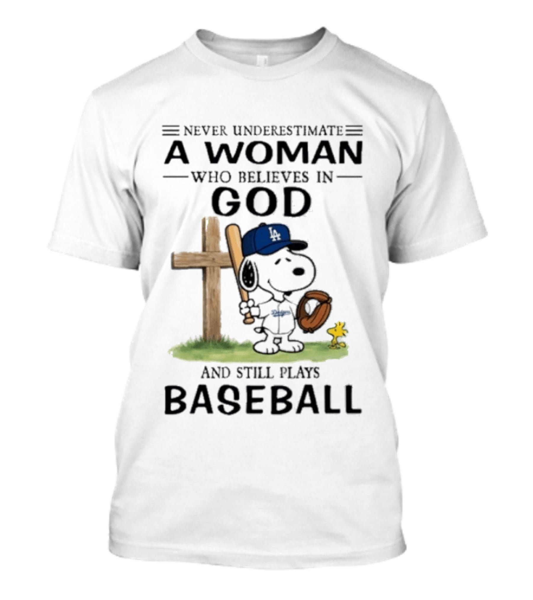 Peanuts Los Angeles Dodgers Baseball Woman Believes In God Charlie Brown Woodstock T-Shirt