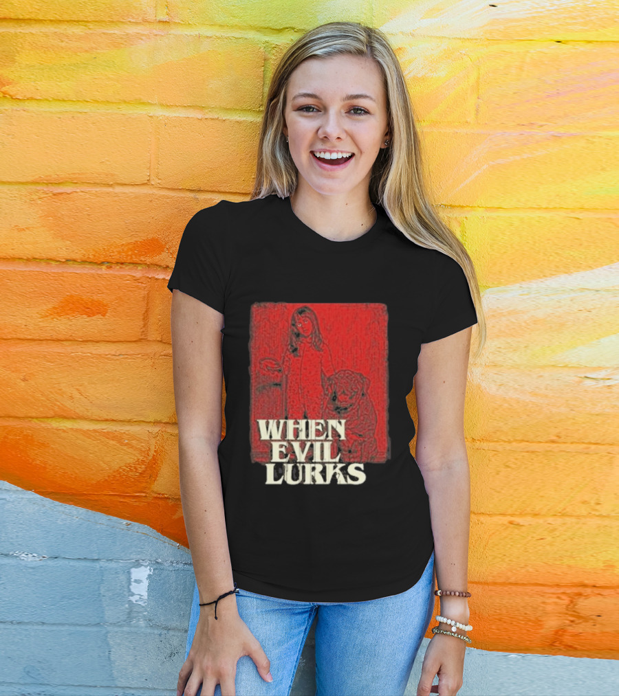 When Evil Lurks Red Background Girl With Bear T-Shirt