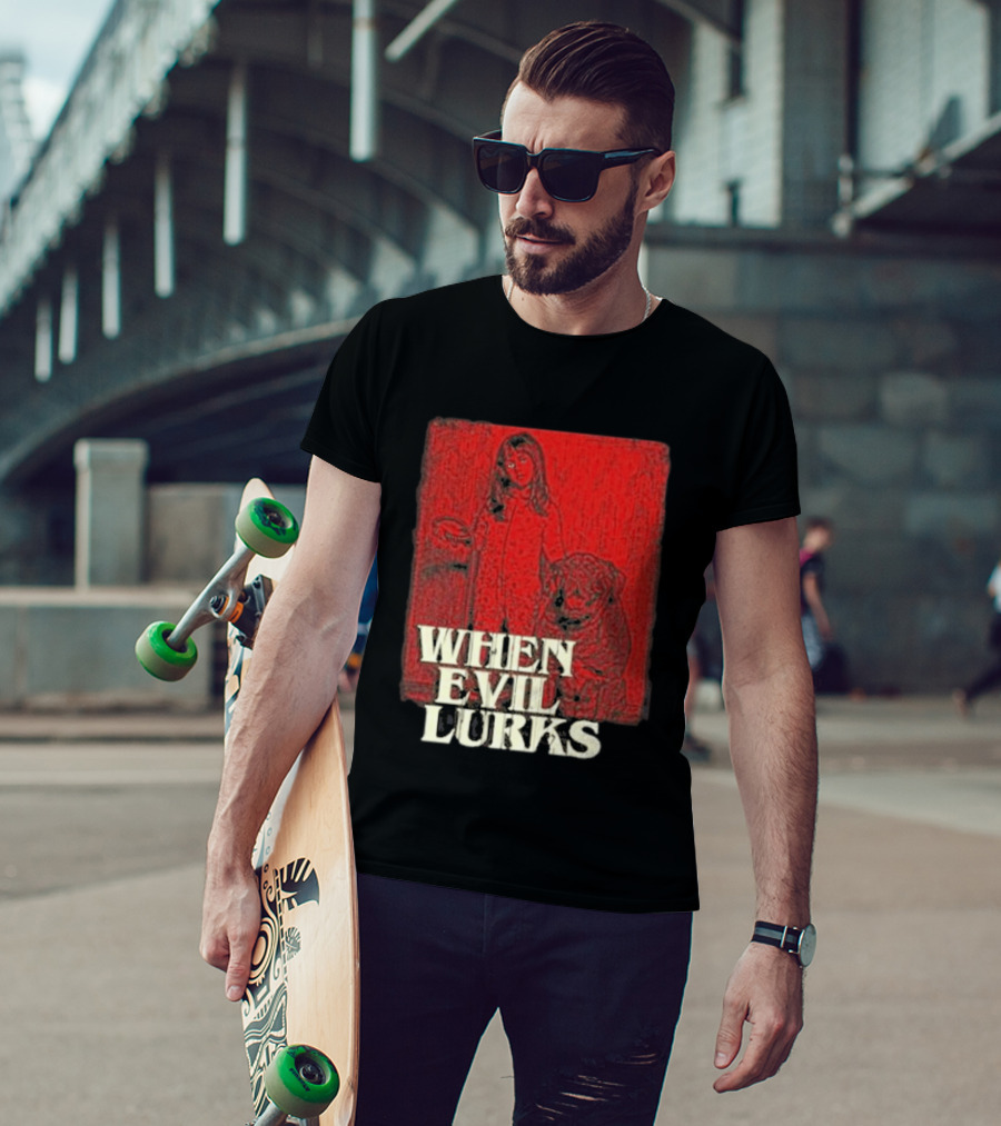 When Evil Lurks Red Background Girl With Bear T-Shirt