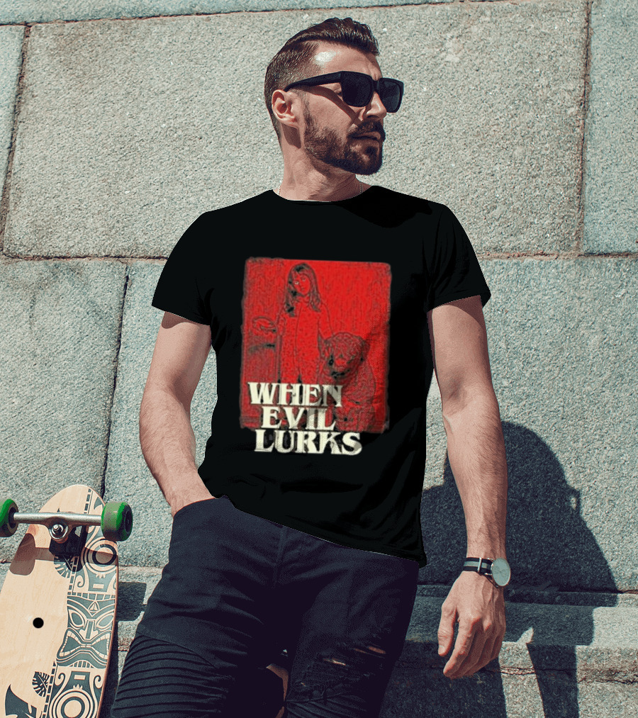 When Evil Lurks Red Background Girl With Bear T-Shirt