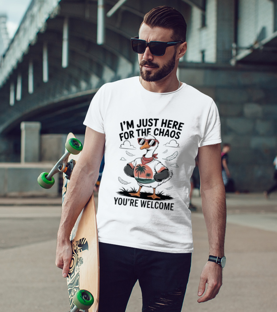 I'm Just Here For The Chaos You're Welcome Tropical Duck In Sunglasses T-Shirt