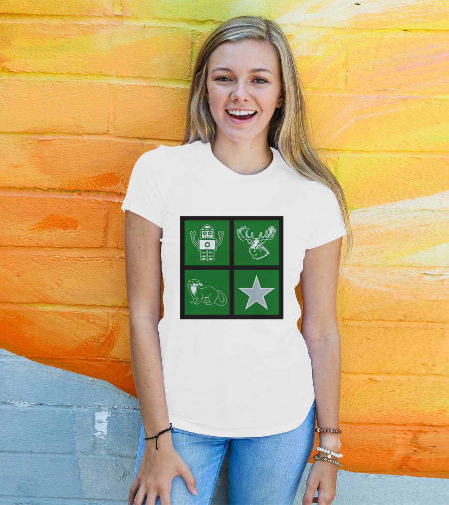 Robot Moose Otter Star Quadrant On Green T-Shirt